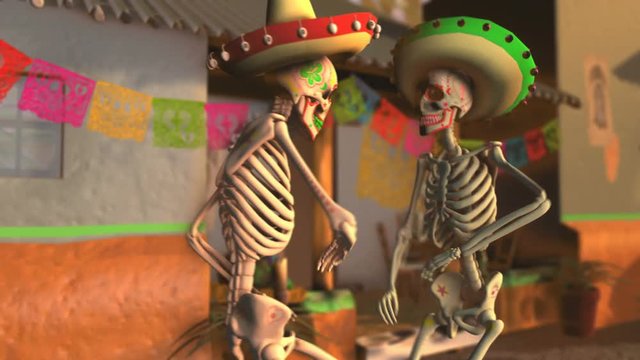 Seamless animation sugar skeletons dancing salsa with mariachis in a tipical mexican village at sunset. Funny Halloween 4K background with decoration for Dia de los muertos