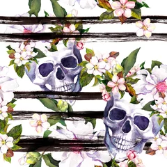 Fotobehang Doodshoofd met bloemen Menselijke schedels, bloemen voor Halloween. Herhalend patroon met inktstrepen. Waterverf
