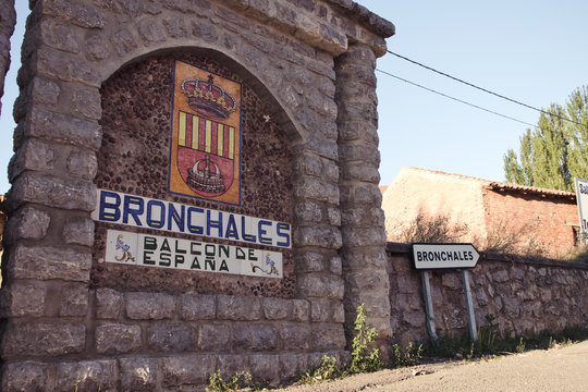 Welcome sign at the entrance of Bronchales, Teruel.