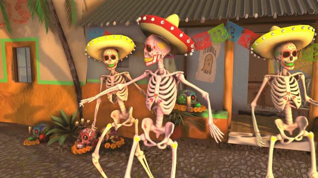 Seamless animation mexican sugar skeletons dancing samba in a tipical mexican village at sunset. Funny Halloween 4K background with decoration for Dia de los muertos