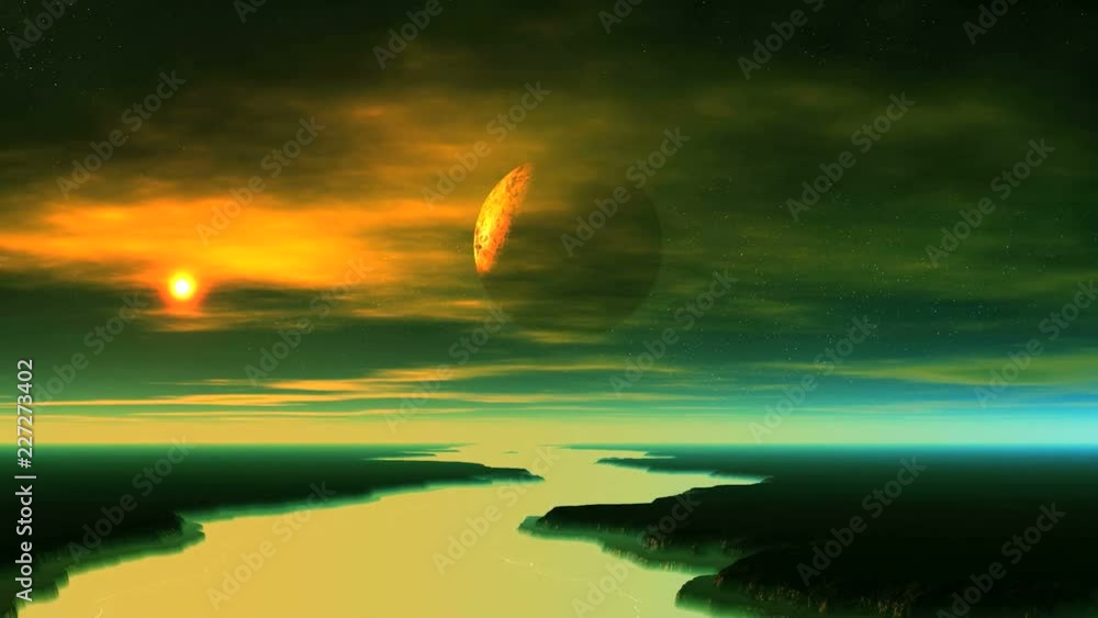 Poster alien planet comes out of the shadow. the dark planet is slowly approaching and illuminated by the r