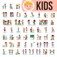 Obraz na płótnie Canvas Kids Children Set Vector. Baby Lifestyle Situations. Spending Time Together At Home, Outdoor. Isolated Cartoon Illustration