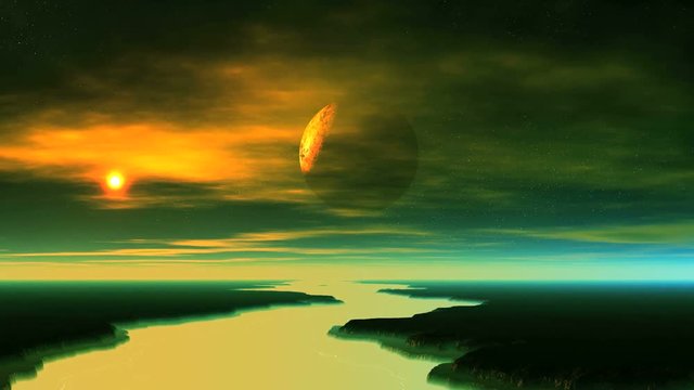Alien Planet Comes Out of the Shadow. The dark planet is slowly approaching and illuminated by the rising sun. In the sky bright stars and clouds. Huge canyon filled with blue luminous mist. 