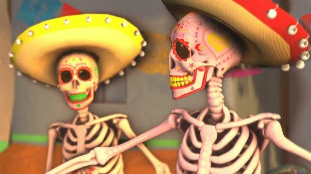 Seamless animation mexican sugar skeletons dancing samba in a tipical mexican village at sunset. Funny Halloween 4K background with decoration for Dia de los muertos in a graveyard. 