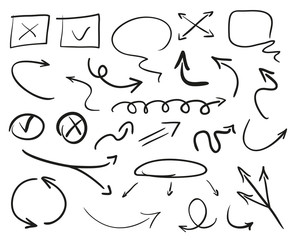 Infographic elements on isolation background. Collection of arrows on white. Highlighters for design. Hand drawn simple symbols. Line art. Set of different signs. Doodles for work