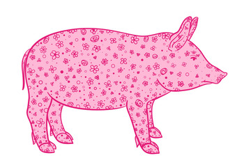 Pig on white. Zen art. Zentangle. Hand drawn animal with intricate patterns on isolated background. Design for spiritual relaxation for adults. Print for banners, posters, t-shirts and textiles