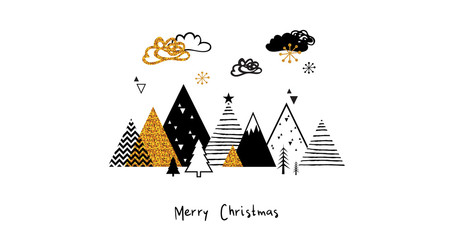 Golden abstract christmas winter scene. Christmas winter landscape background in Scandinavian style. Abstract Vector illustration © jennylipmic
