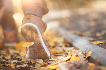 Autumn Park man walking along a path foliage