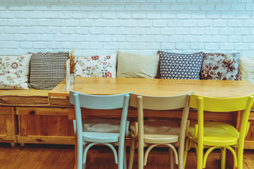 interior coffee shop style trendy. Furniture wooden pastel color. style vintage.