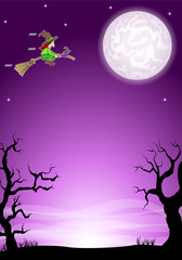 halloween night background with a flying witch and full moon