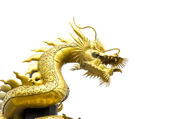 Golden dragon statue  made of iron isolated on white background with clipping path.