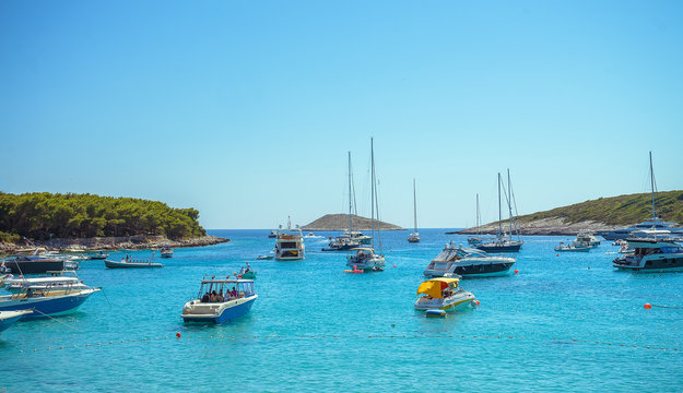 Seascape view to turquoise waters of Adriatic Sea in Island Hvar Croatia. Famous travel sailing destination in Croatia, Island Hvar summer scenery in Europe. Palmizana bay beach