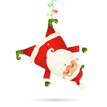 Smiling Santa Claus cartoon character hanging upside down with garland string of twinkle lights with multicolored bulbs isolated on white background. Santa clause for winter and new year holidays.