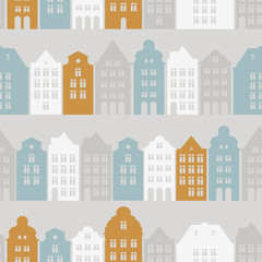 Seamless pattern with european residential houses and streets. Historic architecture. City tourism. Vector illustration.