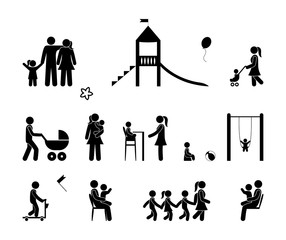 children and parents, set of icons, father walks with the child, mother feeds the baby, stroller, swing, playground illustration