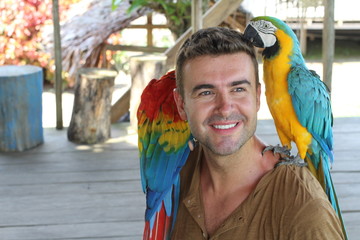 Handsome man interacting with two gorgeous macaws