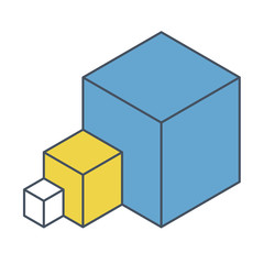 Abstract cube vector shape reminiscent of technological development, nanotechnology component. Outlined isometric brand of scientific institution, research center. Minimalistic block shape