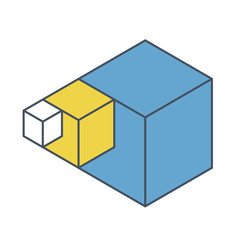 Abstract cube vector shape reminiscent of technological development, nanotechnology component. Outlined isometric brand of scientific institution, research center. Minimalistic block shape