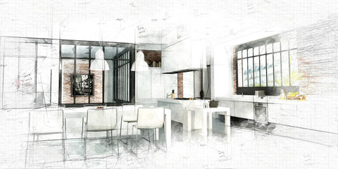 Custom vertical slats with your photo Painting of a Modern Loft kitchen