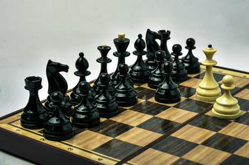 White and black chess pieces on a light background