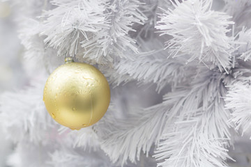 Fototapeta na wymiar Golden christmas ball on white christmas tree