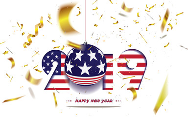 Happy New Year 2019, Christmas greeting card with USA flag and defocused golden confetti