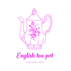 Lovely classic tea pot, vector illustration, outline sketch.