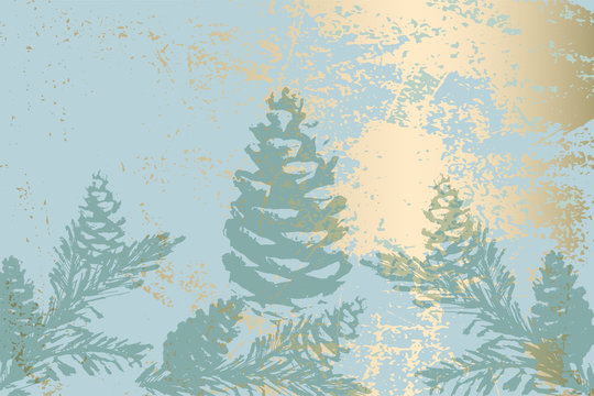 Trendy Chic Pastel colored background with Gold Foil shapes and painted christmas tree silhouettes. Abstract unusual textures for wallpaper, greeting cards, headers, decoration elements. Vector © Anna Sokol