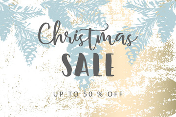 Christmas tree branch painting vector fashion banner. Trendy Pastel blue white gold botanical winter pattern