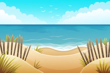 Scenery of sand dunes beach with grass and wood fences. Summer scenery. Vector illustration.