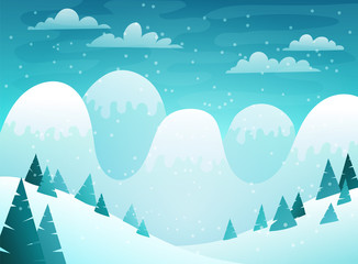 Snowy winter mountains landscape with fir tree. Flat design style. Vector illustration.