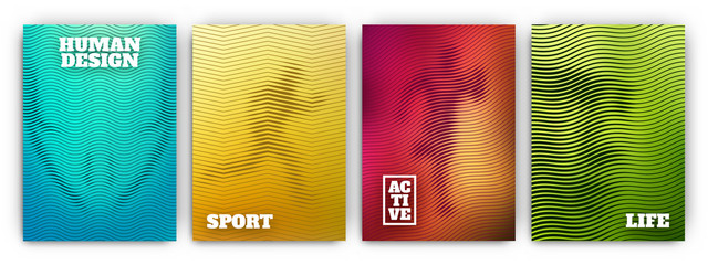 Colorful flyer template set - minimal cover designs - geometric human figure backgrounds with wavy lines