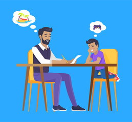 Son and Father Dreaming and Planning Family Budget