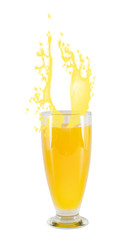 close-up of a glass of pineapple juice with splashing, isolated on whit background with clipping path
