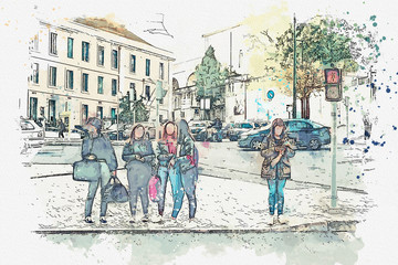 A watercolor sketch or illustration. Pedestrians cross street in Lisbon. Girls or company of friends stand on intersection. Traffic or traffic light red