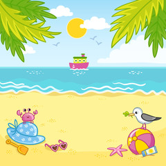 Fototapeta na wymiar Vector illustration with sand beach and ship. The edge and the seagull on the sand by the sea. Animals on the coast of the ocean.