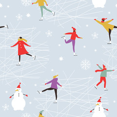 Vector drawing of people skating, Merry Christmas or Happy New Year's seamless pattern