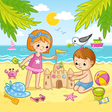 Boy and a girl are building a castle from the sand. Children playing on the beach by the sea. Vector illustration in children s style.