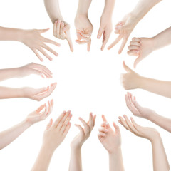 Many different  woman hand gestures isolated on white background