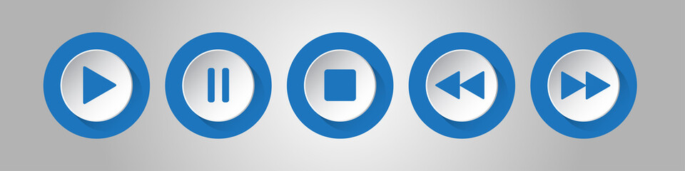 blue, white round music control buttons set
