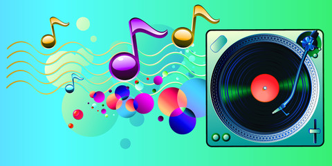 Turntable and notes colorful modern music design