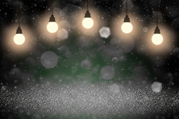 Fototapeta na wymiar wonderful sparkling glitter lights defocused bokeh abstract background with light bulbs and falling snow flakes fly, festival mockup texture with blank space for your content