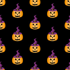 Fototapeta premium Pumpkin in a witch hat. Halloween pattern. Vector illustration. Seamless pattern. Flat.