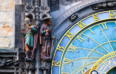 Fototapeta na wymiar Prague astronomical clock, close up. Czech gothic architecture, famous medieval astrological clock.