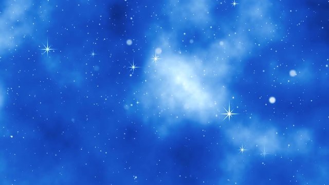 On blue background, the stars and lights are flickering. Winter background with snowfall and a fog. Movement upwards 