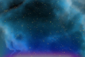 Abstract dynamic fantasy light blue space and stars colorful background with sparks and clouds