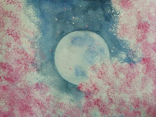 watercolor hand drawn on paper landscape full moon and pink sakura tree. © atichat