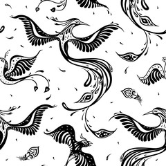 Beautiful peacock. Exotic bird. Seamless pattern. Vector hand drawn detailed illustration