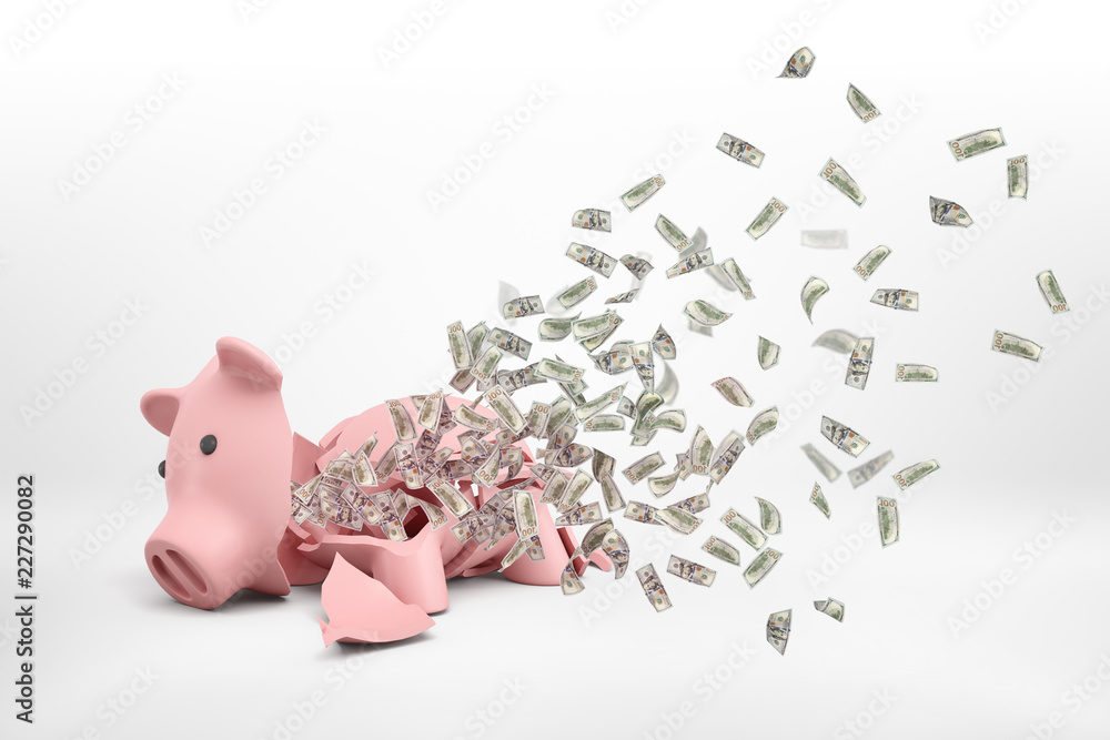 Poster 3d rendering of a pink broken piggy bank lying on a white background with many dollar banknotes flyi