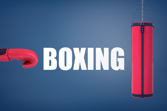 3d rendering of a large white word Boxing stands between a boxing glove and a boxing bag.